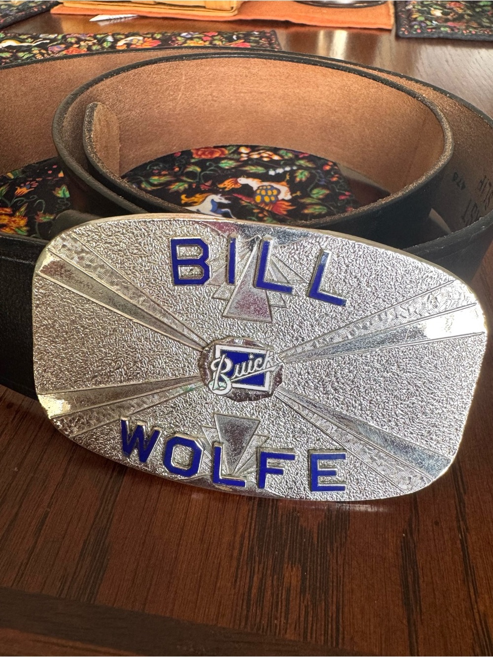 Vtg BUICK MOTORS Belt Buckle Custom Bill Wolfe Hook-Fast Plati Croyd Leather